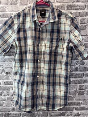 Vans boy's  Blue and Cream Plaid Short-Sleeve Button-Down Shirt‎